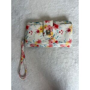 Floral Wristlet Wallet Faux Leather Zip Around Clutch Pink Yellow White Flower